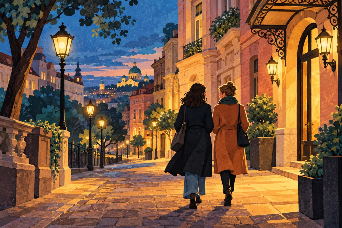 Editorial illustration of two women walking together along a warmly lit city street at dusk.