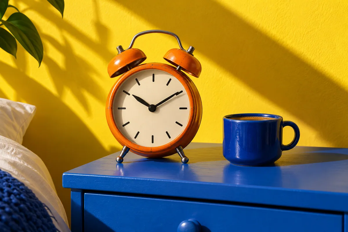 An orange analog clock and blue coffee mug against a bright yellow wall.